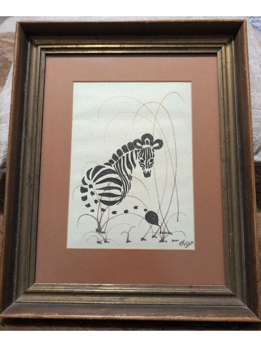 Vintage St. John Zebra Ink Drawing Framed Artwork